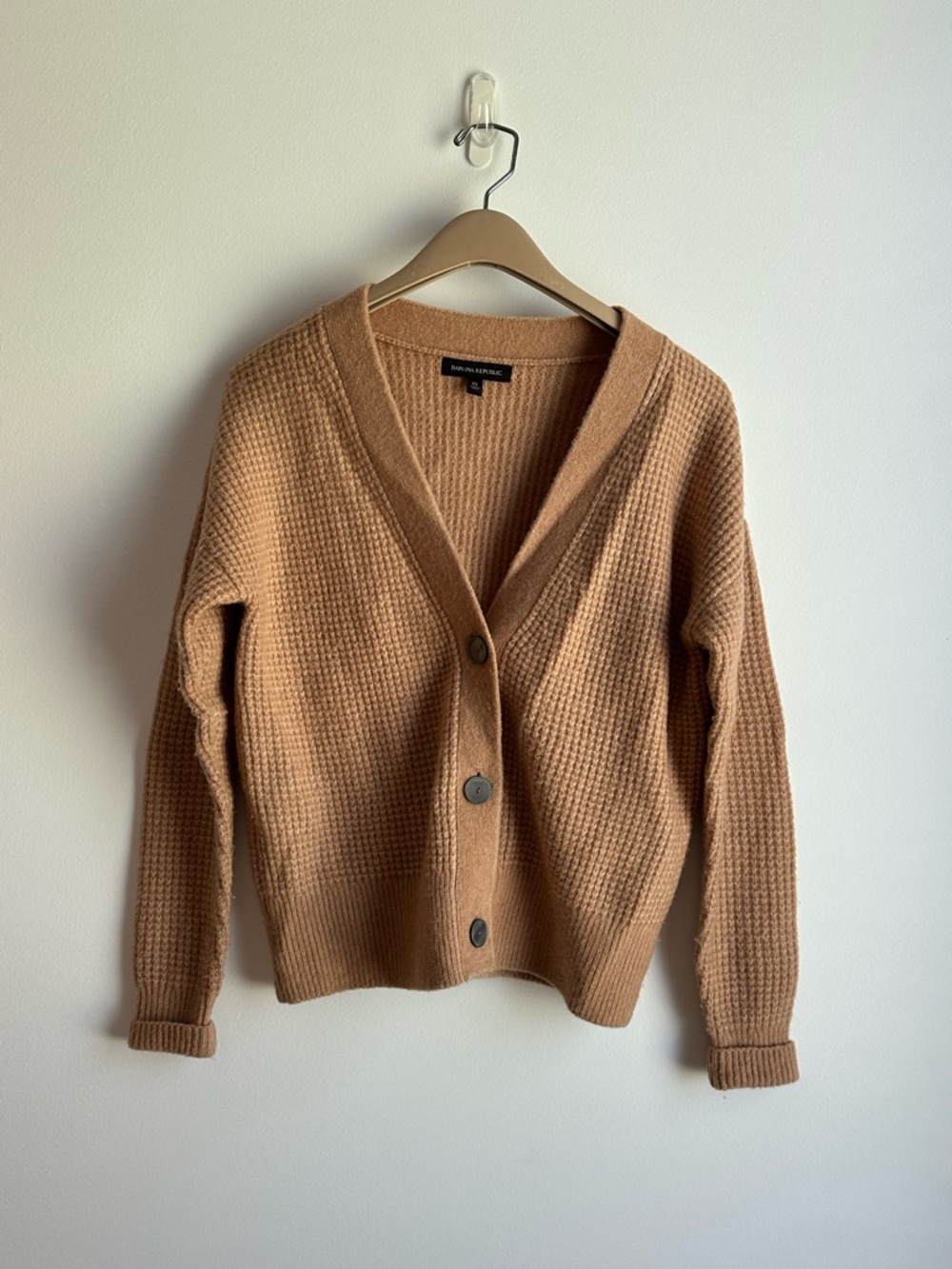 Banana Republic Camel Waffle-Knit V-Neck Cardigan